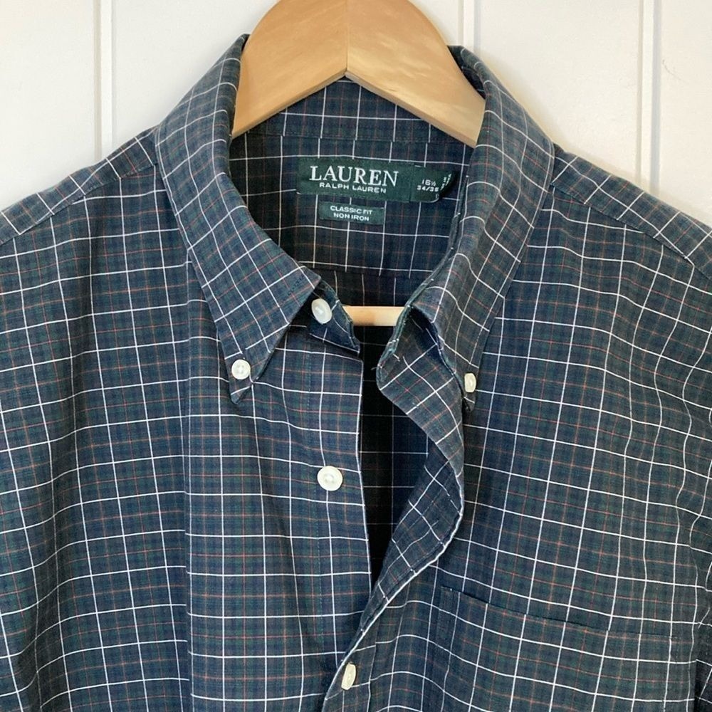 Lauren Ralph Lauren Button Down Shirt Mens L 16.5 Green Blue Plaid
